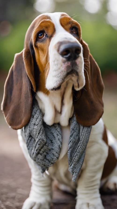 An elderly Basset Hound with a prep school scarf around its neck, looking wise.