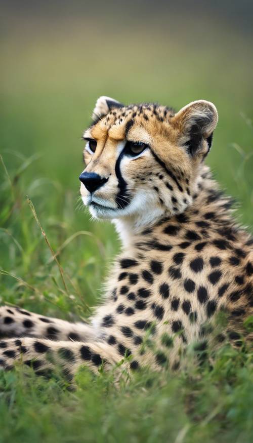 Młody gepard wylegujący się na trawie, której cętki zmieniły się w odcienie jaskrawego błękitu. Tapeta [c5c7a7b322d94396bdc7]