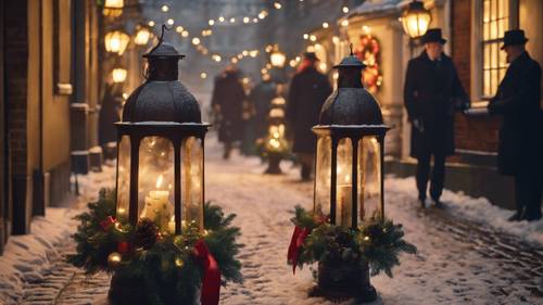 A picturesque street bathed in soft light from old-fashioned oil lamps, adorned with wreaths and bows, with carol singers in Victorian attire spreading the Christmas cheer.