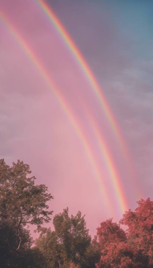 A wide, pink tinted rainbow illuminating a clear blue sky after rain.