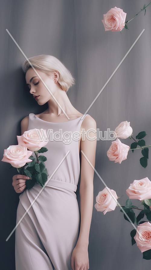 Elegant Lady with Pink Roses