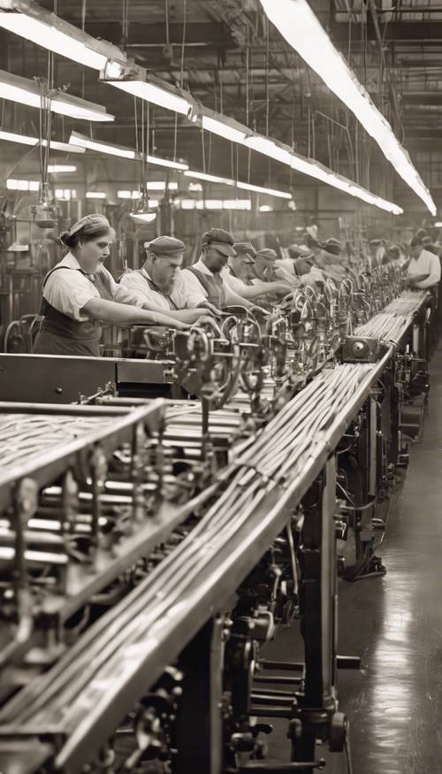 Uma antiga linha de produção de bastões de doces do início dos anos 1900, com trabalhadores usando bandanas e maquinário antigo.