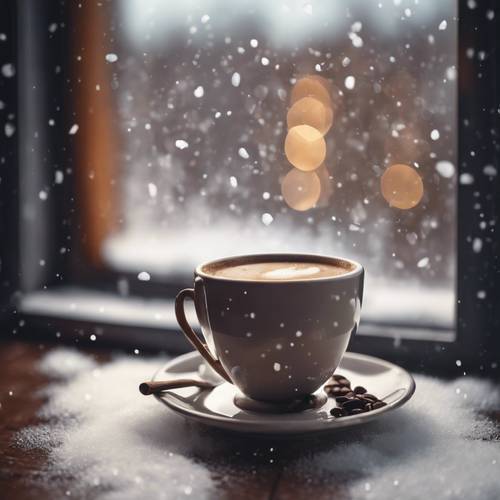 Una taza de café caliente con el telón de fondo de una ventana nevada.