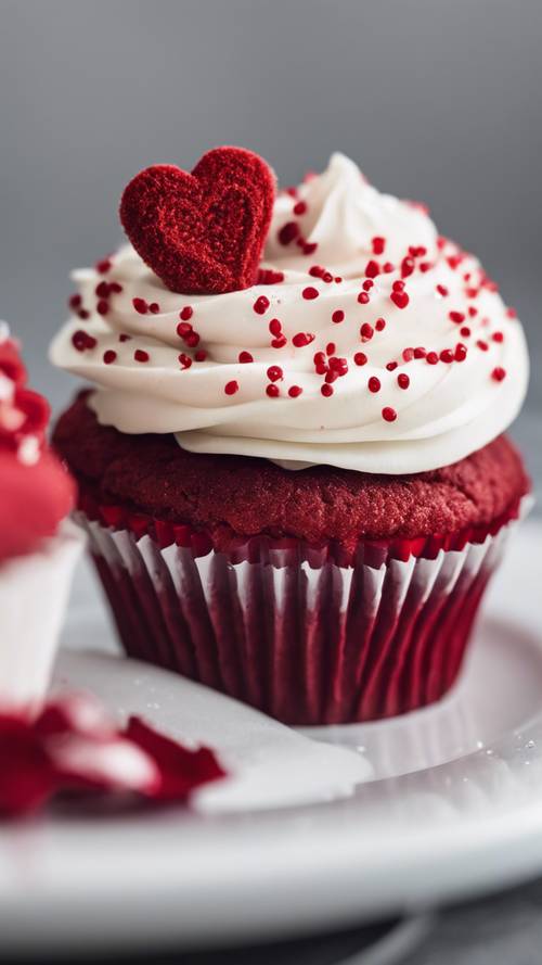 Un cupcake di velluto rosso con una spolverata di cuore in cima, presentato su un piatto di ceramica bianca.