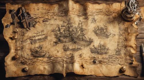 一张有趣的海盗藏宝图，绘在一张边角有烧焦痕迹的破旧纸上。