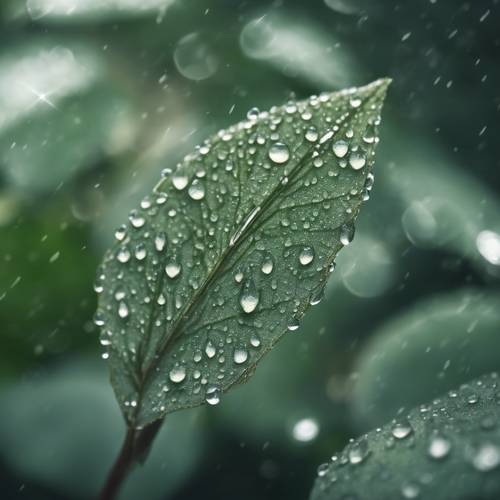 一片灰绿色的叶子，表面有闪闪发光的小雨滴。