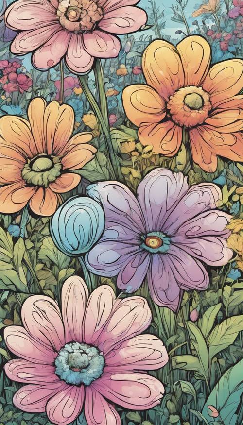 A cluster of soft pastel-hued cartoon flowers nestled in a summery field. Wallpaper [c81623582a894fb3bba2]