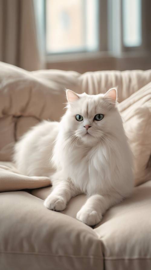 Realistyczna ilustracja eleganckiego, białego kota perskiego wylegującego się na pluszowych beżowych poduszkach.