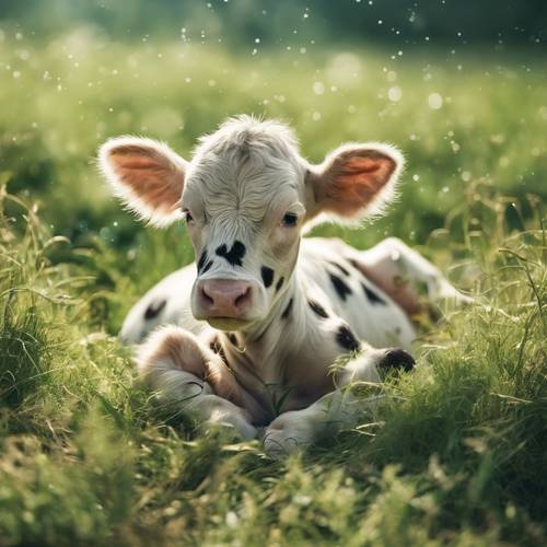 Sleepy baby calf with adorable green spots resting in a sun-drenched meadow.