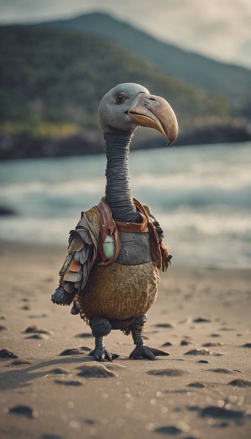 The Dodo in his ridiculous outfit, walking confidently along the shore.