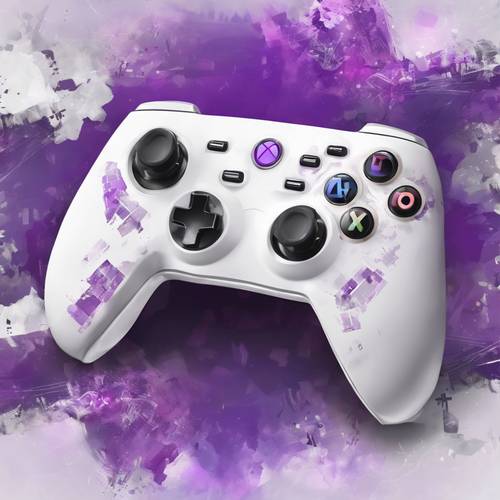 A white and purple gaming controller with a background of blurred game graphics on the screen.
