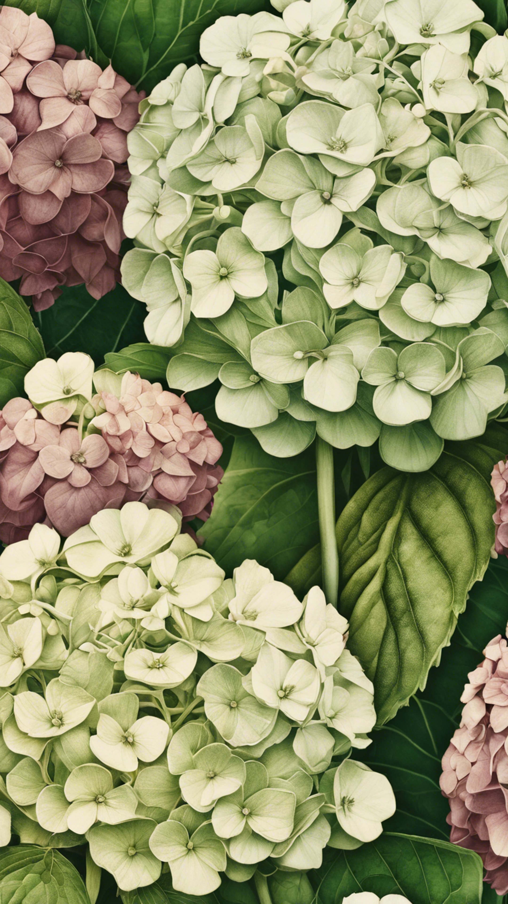 A detailed depiction of a beautifully aged, antique hydrangea illustration from an old botany book. Wallpaper[67df05c72c1d42618eb3]