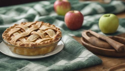 Свежеиспеченный яблочный пирог охлаждается на клетчатой ​​кухонной скатерти шалфейного цвета.