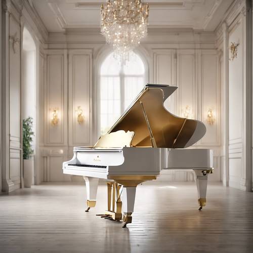 A white grand piano with golden accents in an elegant music room.