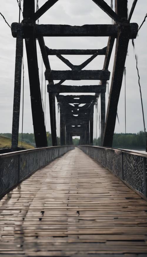 Uma ponte robusta feita de concreto preto, atravessando um rio caudaloso com um desenho suspenso.