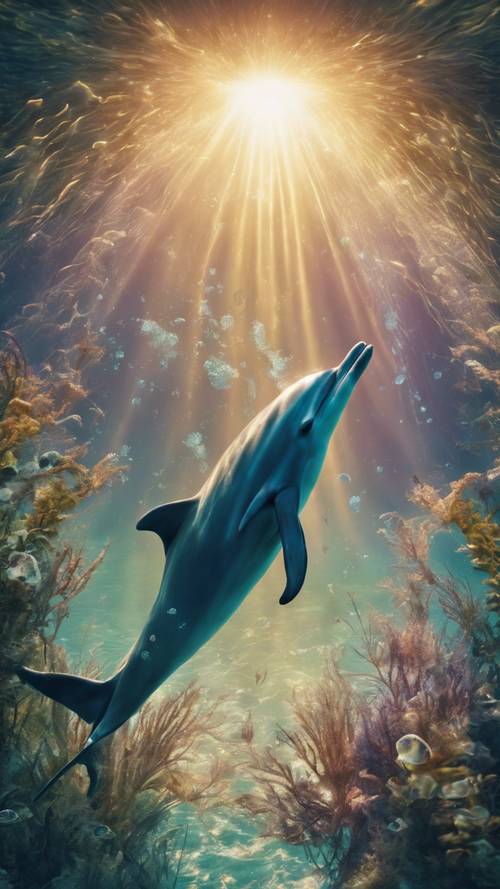 A dolphin, illuminated by the splintered hues of light streaming through the water, darting through a marine maze of towering seaweeds.