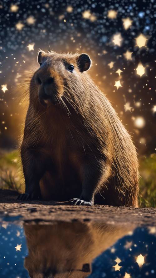 Un capibara stagliato su uno sfondo notturno, sotto le stelle scintillanti.