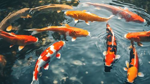 Gambar kolam koi yang tenang, ombak yang diciptakan oleh gerakan koi membentuk kutipan anime.