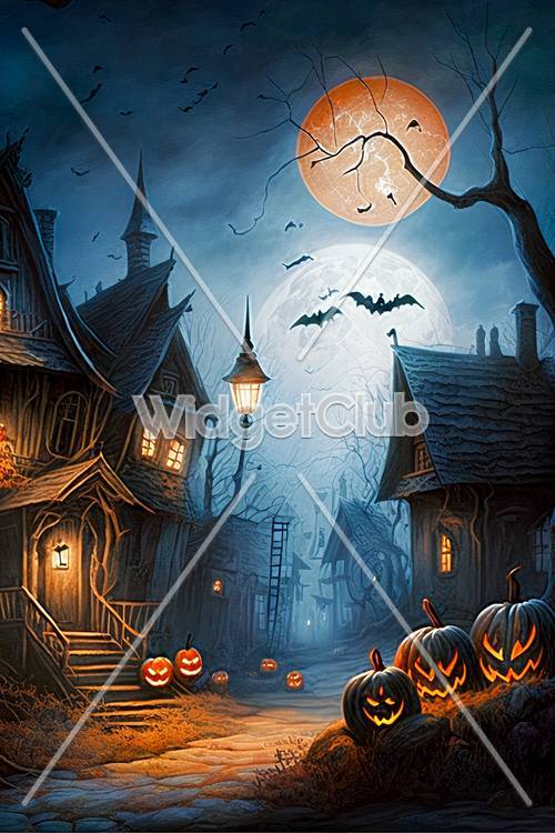 Spooky Halloween Night Scene with Full Moon and Pumpkins