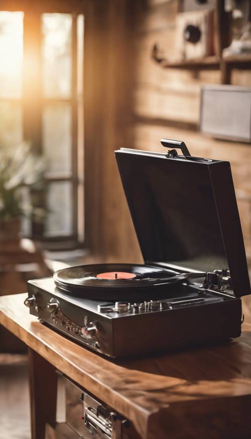 Un tourne-disque vinyle vintage sur une table en bois, jouant un disque avec une lumière douce et douce illuminant la scène.