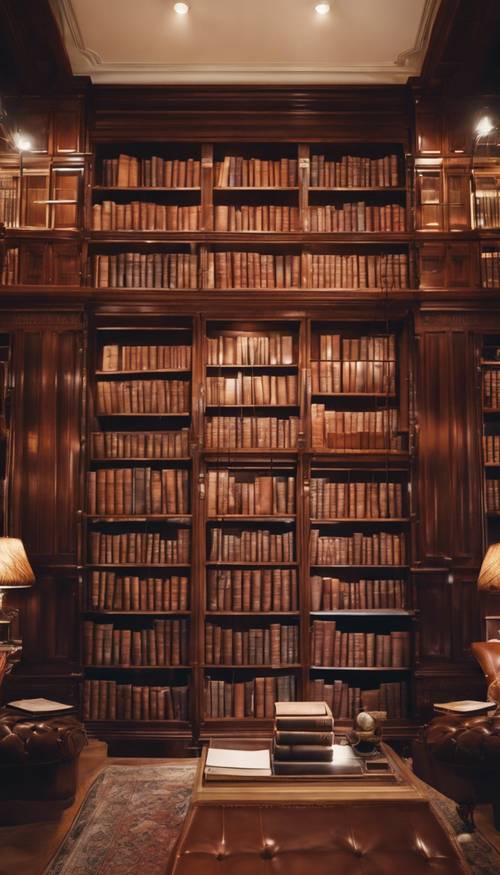 Urocza, elegancka biblioteka z mahoniowymi półkami wypełnionymi książkami oprawionymi w skórę w delikatnym, ciepłym świetle Tapeta [074aa7131ba14161a342]