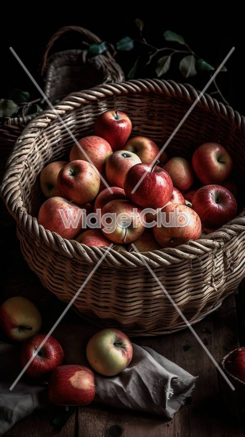 赤いリンゴがいっぱい！果物のかごの壁紙