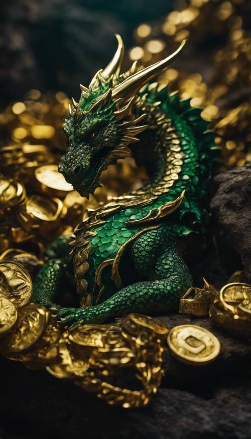 Um dragão verde com detalhes dourados dormindo sobre seu tesouro de ouro em uma caverna profunda e escura.