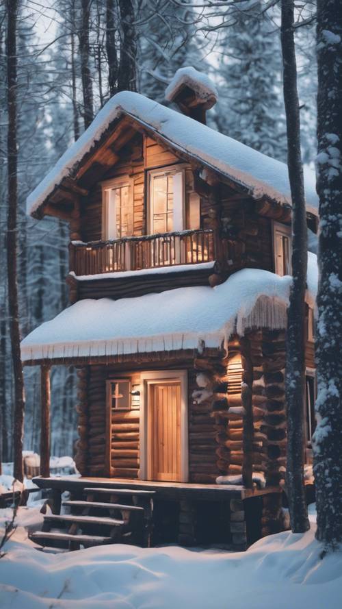 A cozy wooden cabin in the depths of a snowy, white winter forest at dusk