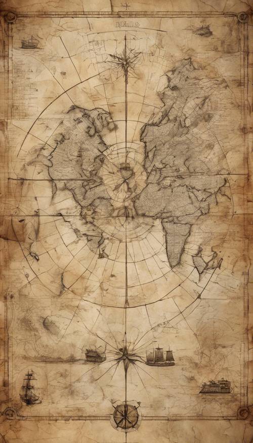 An intricately detailed nautical map drawn on old, weathered parchment