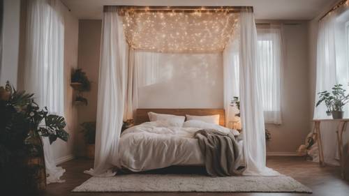 Chambre minimaliste et confortable avec un lit à baldaquin blanc, des rideaux transparents et des guirlandes lumineuses.