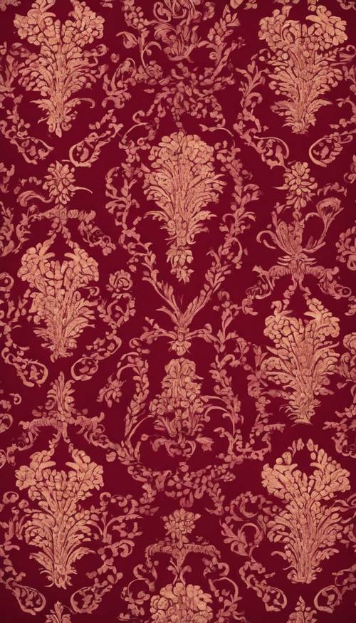 Scrolled damask pattern on ruby red velvet cloth.