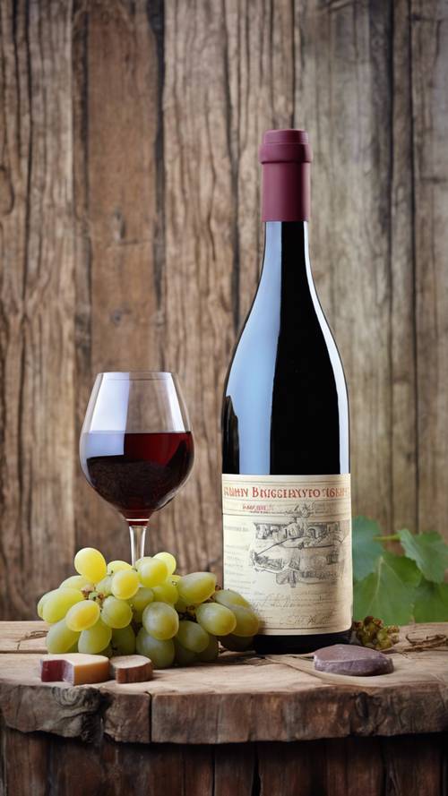 Натюрморт с изображением бутылки бургундского вина на обветренном деревянном столе в сопровождении французского сыра и винограда.