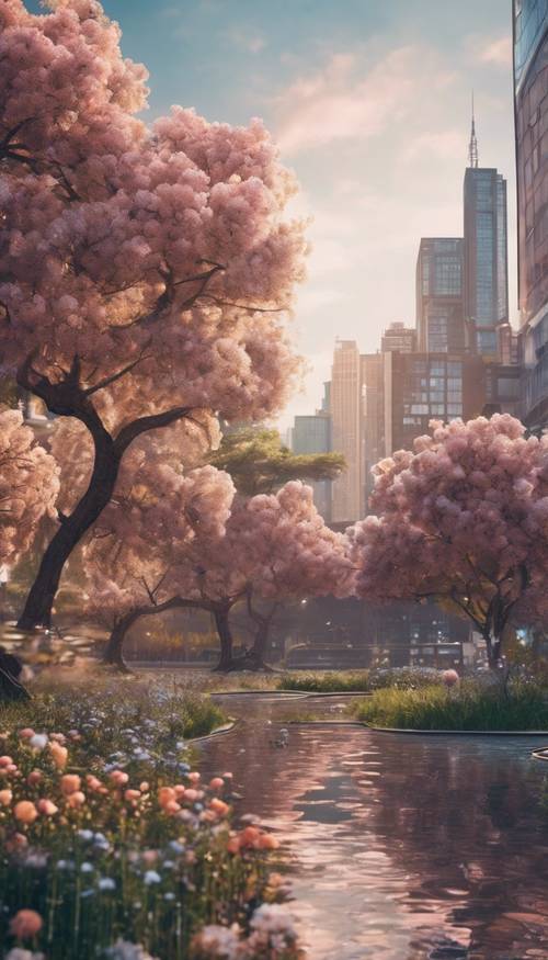 Un paisaje mágico de una ciudad moderna donde árboles y flores flotan en el cielo.