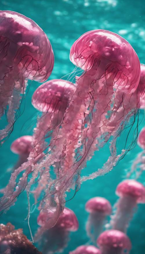 A pack of vibrant pink jellyfish, floating in harmony against a turquoise ocean environment.