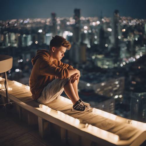 Ein Teenager chillt bei einer Party auf einem Dach, umgeben von Wolkenkratzern, und genießt die Aussicht auf die Stadt.