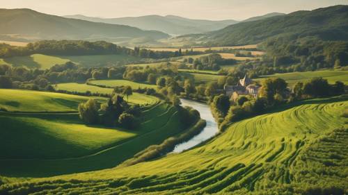 田园诗般的法国乡村风景，一条缓缓流动的河流蜿蜒流过翠绿的田野和远处的山脉。