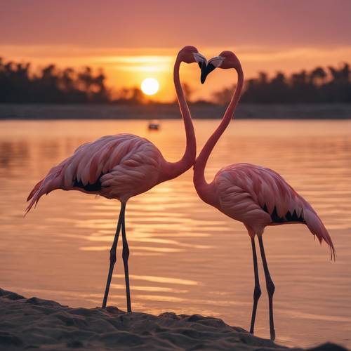A pair of pink flamingos against a backdrop of a yellow sunrise.
