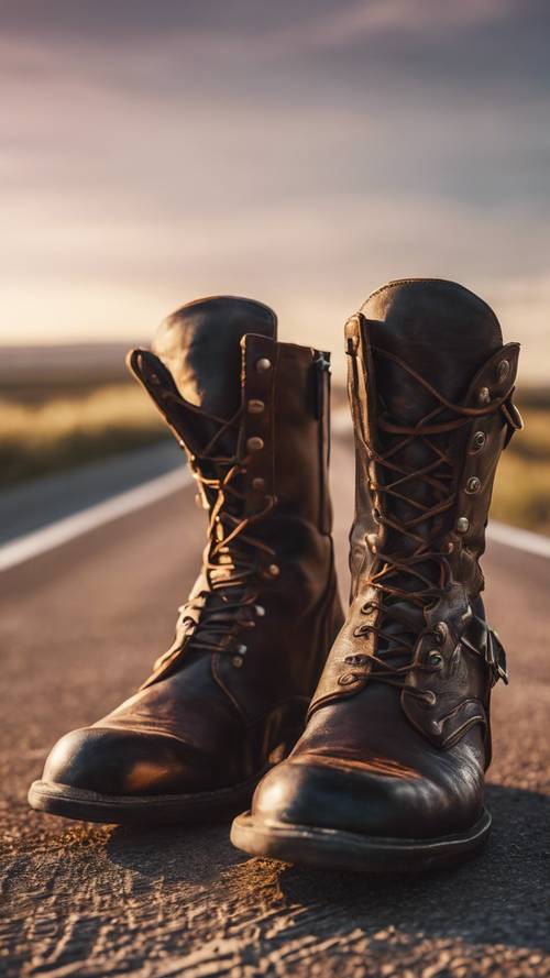 A detail shot of a motorcyclist's worn leather boots against a backdrop of an open road during sunset.
