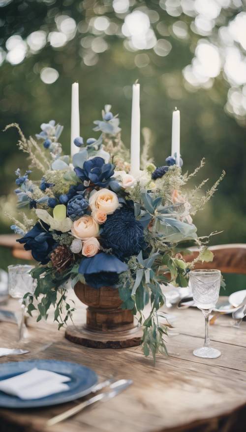 Rustykalna, granatowa, kwiatowa ozdoba na drewnianym stole nastawionym na artystyczne wesele na świeżym powietrzu.