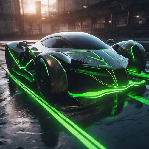 Un coche de carreras en un videojuego con estelas de color verde neón.