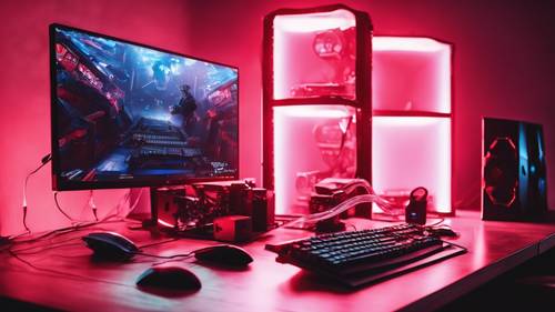 أضواء LED باللونين الأحمر والأزرق تلقي توهجًا جويًا على إعداد كمبيوتر الألعاب.