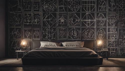 A dark-themed bedroom with meticulously arranged geometric patterns on the wall. Tapet [2282c77b7fdd4eafbc43]