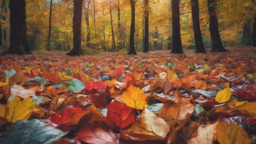 Eine Decke aus bunten Herbstblättern bedeckt den Waldboden, in die Szenerie ist „I am vibrant“ eingebettet.