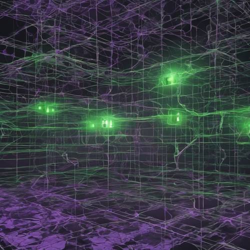 オンラインゲームを表すネットワークグリッドの壁紙、緑と紫色の光る点