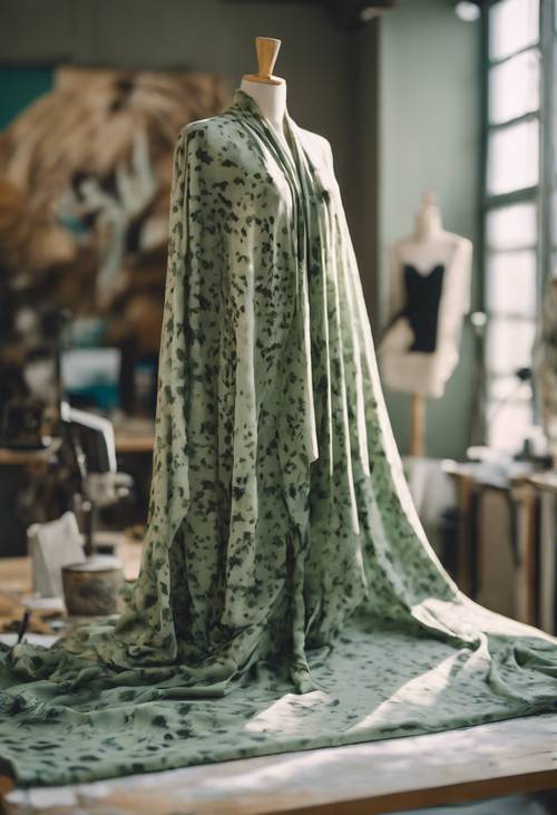 A lovingly hand-painted sage green, cow print fabric draped casually over a mannequin in a fashion design studio. Wallpaper [5e5bd349de01478d91a3]