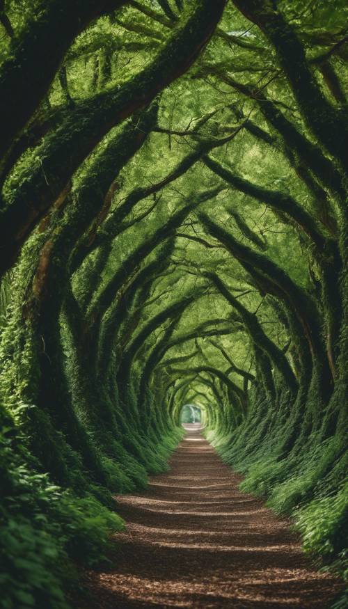 Terowongan hijau rindang yang terbuat dari pepohonan yang menjulang tinggi, cabang-cabangnya lebat dengan dedaunan yang gelap dan pekat.