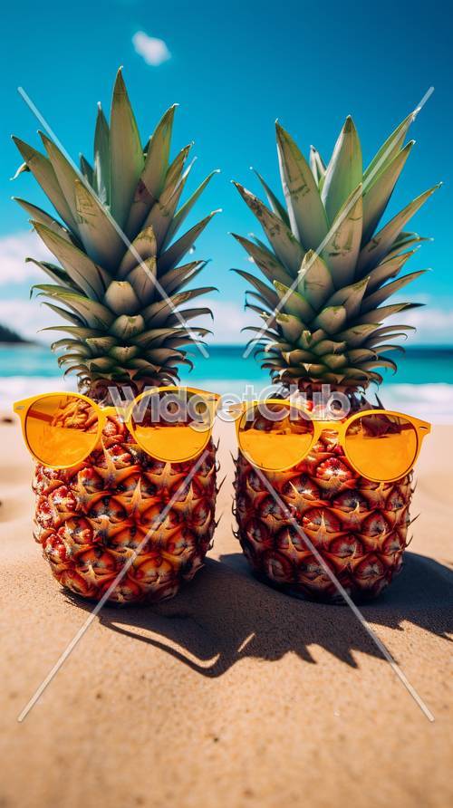 Two Pineapples with Sunglasses on a Beach