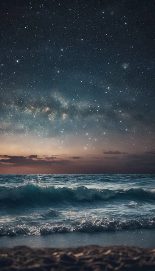 繁星點點的夜空下，一片寧靜、漆黑的海洋。