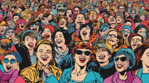 Поп-арт изображение смеющейся толпы в стиле комиксов с четкими линиями, точечными узорами и яркими цветами.