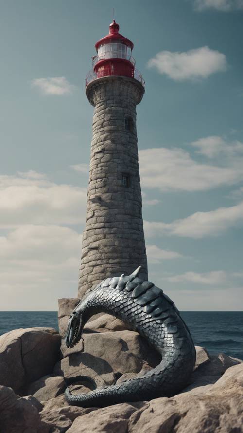 Łuskowaty wąż morski, częściowo ryba, częściowo smok, którego ciało jest owinięte wokół samotnej latarni morskiej na skalistym wybrzeżu.